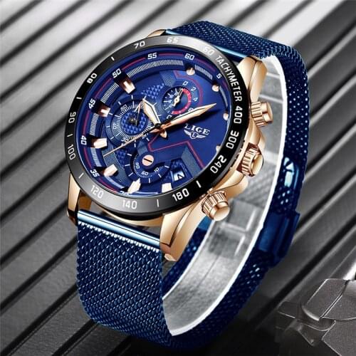 New LIGE 2019 Blue Casual Mesh Belt Fashion Quartz Gold Watch Mens Watches Top Brand Luxury Waterproof Clock Relogio Masculino