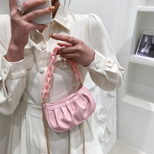 Fashion Women’s Bag PU Leather Pure Color Pleated Shoulder Crossbody Messenger Bag Casual Lady Thick Chain Small Hobos Handbags