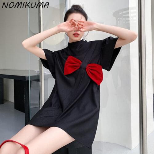 Nomikuma Woman Stand Neck Dress 2021 New Bowknot Sweet Dresses Causal Butterfly Sleeve Korean Fashion Vestidos De Mujer 6K565