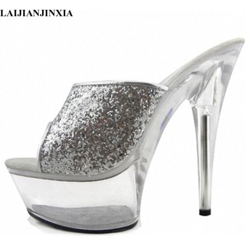 New with 15 cm flash powder silver glitter, runway show shoes, fun performance Dance Shoes