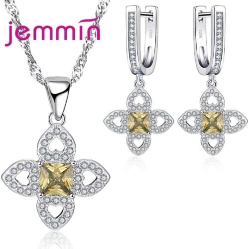 Wholesale 925 Sterling Silver Jewelry Sets Square Yellow Crystal Fashion Hollow Jewely Sets for Women Female Gift