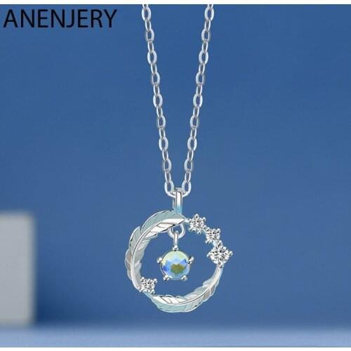 Evimi 925 Sterling Silver Round Colored Moonstone Feather Necklace for Women Trendy Clavicle Chain Party Jewelry Wholesale