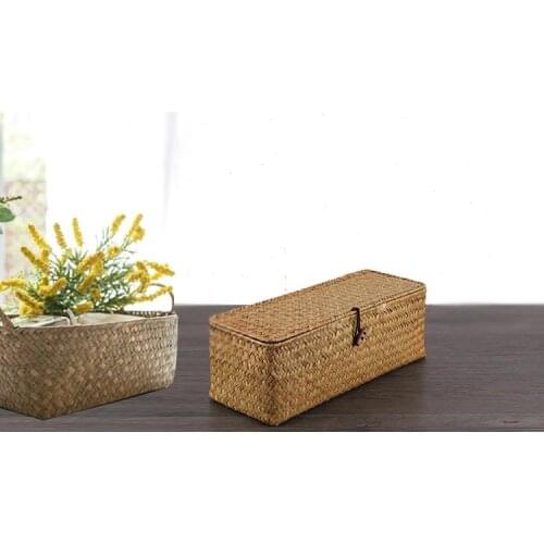 Rattan Storage Basket Makeup Organizer Multipurpose Container with Lid