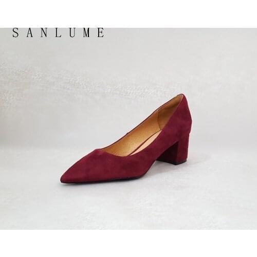SANLUME NEW Autumn Wine Suede Block Chunky Pumps Women Office Shoes Woman High Heels Career Genuine leather Slip On Pointed Toe