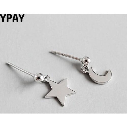 YPAY Crescent Moon & Star Stud Earrings 100% Real 925 Sterling Silver Minimalist Simple Small Earring for New Year Gift YME353