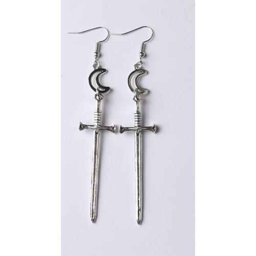 Crensent Moon Earrings-Victorian-Large Sword Earrings-Gothic-silver plated-Dark-Witchy-Goddess-Goth-Dangle Earrings