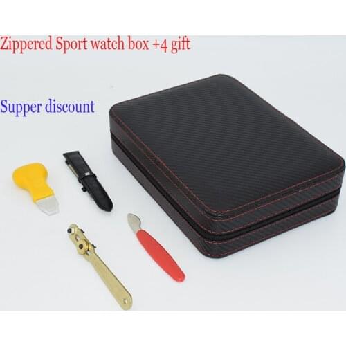 Supper Discount Zippered Sport Portable Watch Carbon Cases Box 4 Gift 3 Watch Repair Tool + 20mm Black Band New porta orologi CN