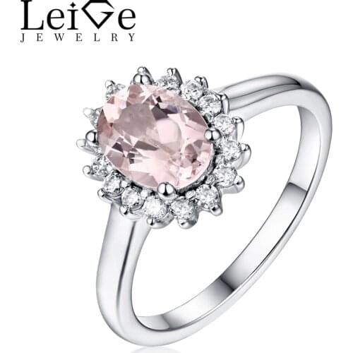Leige Jewelry Oval Cut Silver 925 Jewelry Natural Morganite Ring Women Wedding Anniversary Rings Romantic Christmas Gift for Her