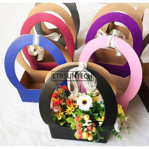 Flowers Packaging Gift Boxes Floral Basket 6 Colors Round Design Creative Folding Floral Packing Bags