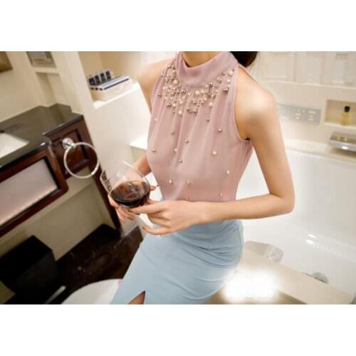 Womens strapless pearl chiffon blouse Sleeveless shirt plus