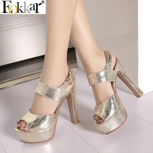 Eokkar 2019 Women Glitter High Hee Pumps Peep Toe Ankle Strap Women Sandals Platform Party Pumps Ladies Shoes Big Size 34-43