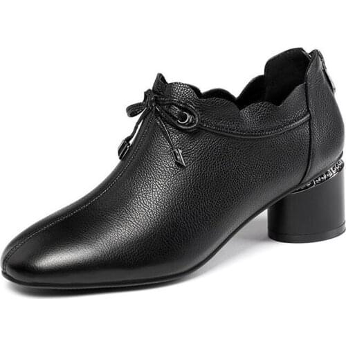 Hot 2020 New Spring Bow Round Head High Heel Shoes Women Genuine Leather Shoes Elegant Temperament Comfort Cowhide Fashion Shoes