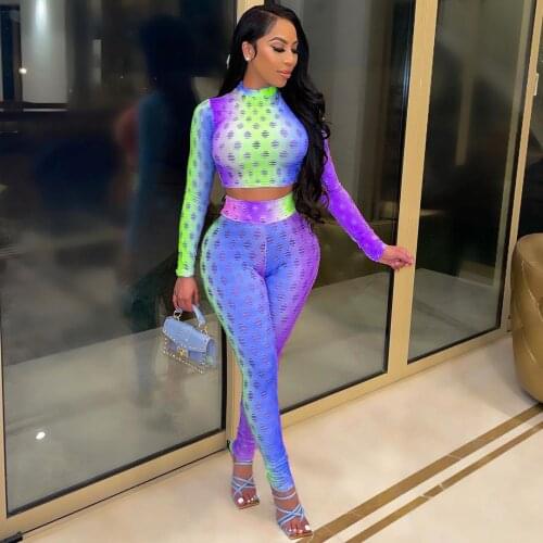 Gradient Tie-dyed Two Piece Set Women Full Sleeve T Shirt and Pencil Pants 2021 Autumn Hollow Out High Street Tracksuit