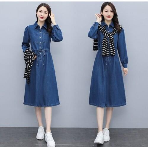 Koean loose long sleeve jean dress plus size 2XL denim dresses women autumn Youth clothes preppy style cowboy dress with shawl