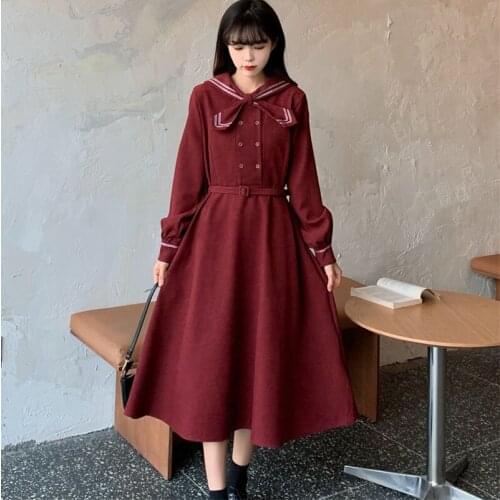 Slimming Bow Navy Collar Long Sleeve Mid-Length Dress for Women Autumn and Winter 2020 New kawaii clothing sweet Lolita dress