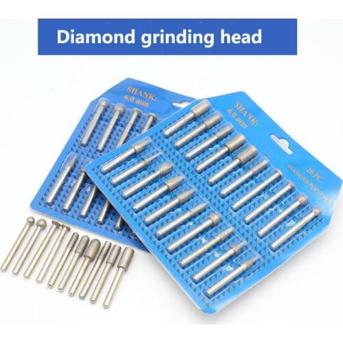 20PCS 6mm Diamond Point Burr Bits Head Dremel Accessories Shank Grinding Needle Carving Polishing Set Mounted Mini Drill Tools