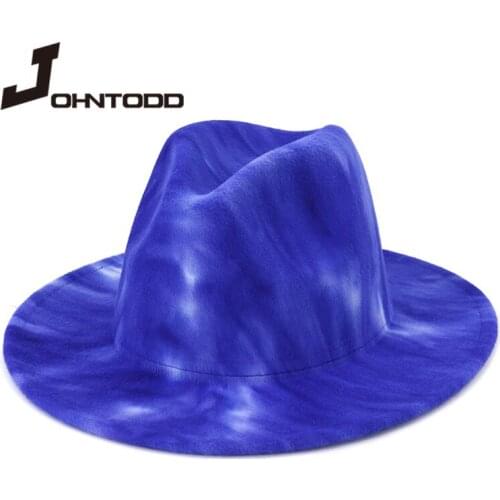 2021 New Tie Dye Fedora Jazz Hats Fashion Women Men Wide Eaves Autumn Winter Women Hats Vintage Felted Hat Men Wholesale