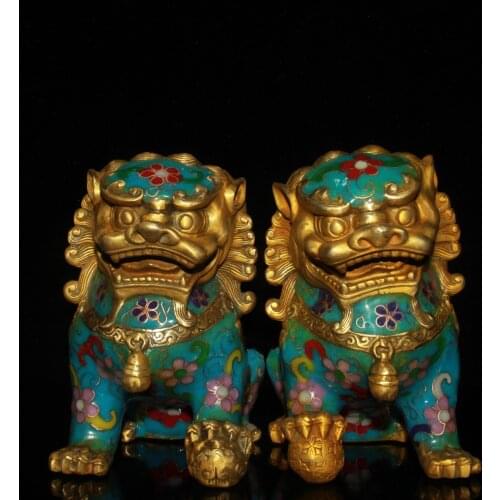 Wedding decoration 5"China bronze Cloisonne enamel Gilt Evil Door Fu Foo Dog Lion beast statue Pair