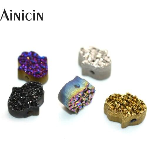 5pcs Natural Druzy Crystal Hasma Hand Shape 1mm Horizontal Hole Purple Gold Black Silver Rainbow Plating Beads Findings