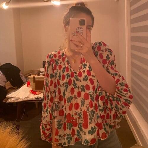 Floral Print Loose V-Neck Spring Summer Ladies Blouse High Version Female Vintage French Long Sleeve Top Women Casual Shirt M199