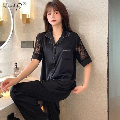 Pajamas Set 2 Pieces Women Satin Summer Sleepwear Retro Luxury Ice Silk Letter Printing Short Sleeve Trousers Pyjama