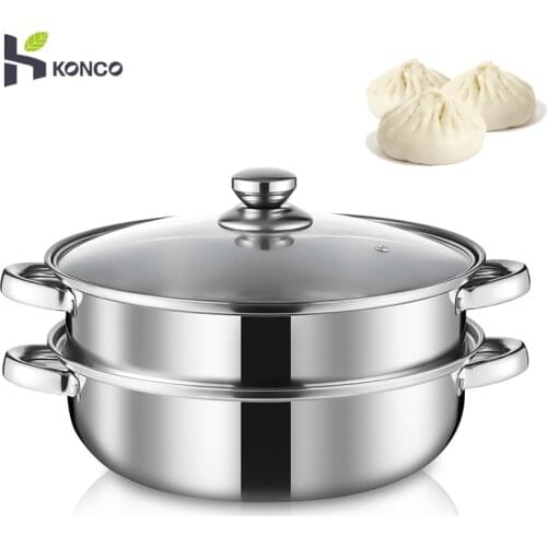 Konco Stainless Steel Steamer Gas Induction Cooker Soup Steamboat Pot 1/2 Toer Steamer Transparent Glass Lid Kitchen Cookware