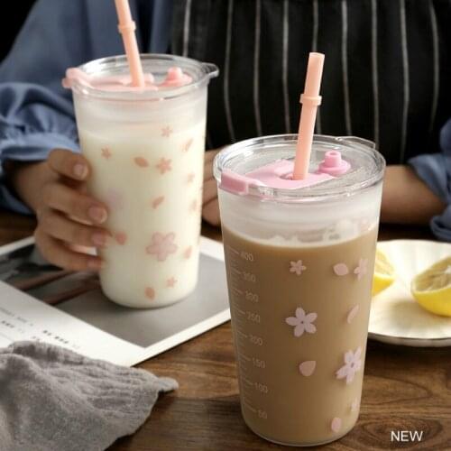 400ml Creative Cartoon Glass Cup with Straw Reusable Cute Scale Sealing Lid High Temperature Resistance Milk Tea Adult Water Cup