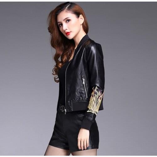2020 Spring Autumn Genuine Leather Jacket Women Korean Embroidery Fashion Fit Shorts Sheepskin Leather Jackets Coat 3306