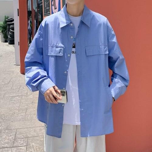 2021 Mens Long-sleeved Multi-pocket Shirts Loose Lapel Collar Tops Casual Shirts Solid Color Clothes Camisa Masculina M-2XL