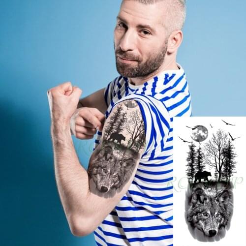 Waterproof Temporary Tattoo Sticker Wolf Forest Moon Tree Bear Animal Fake Tatoo Flash Tatto Arm Leg Body Art for Women Men
