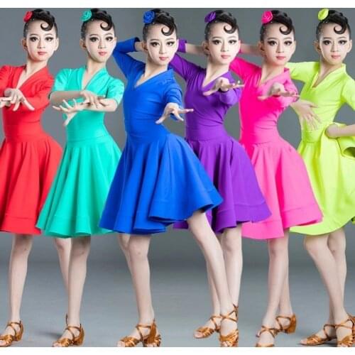 New Girls Carnival Jazz Dancewear Costume Kids Modern Latin Ballroom Party Dresses Middle Sleeve V Neck Profession Dance Dress