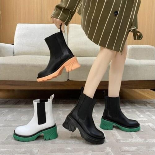 2021 Autumn New Platform Fashion Womens Ankle Boots Short Tube Square Heel Pu Leather Round Toe Womens Stitched Stretch Boots