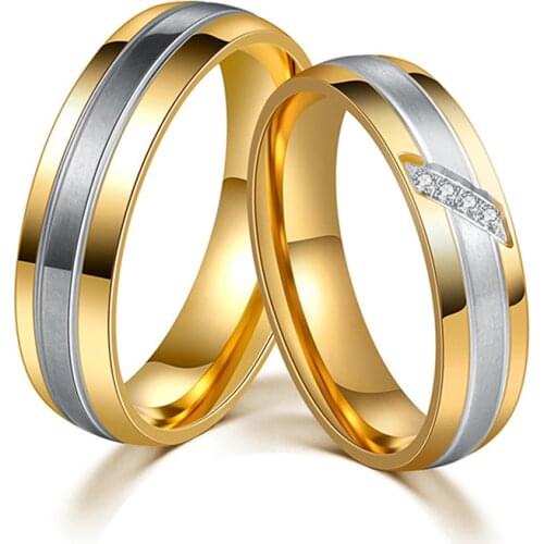 Gold Silver Color Stainless Steel Ring Cubic Zirconia Couple Wedding Ring Fashion Engagement Jewelry Quality Gift for Women Men