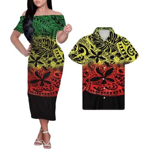 HYCOOL Wholesale Couple Sets Summer Gradient Short Sleeve Long Dress Polynesian Hibiscus Print Off Shoulder Bodycon Evening Gown