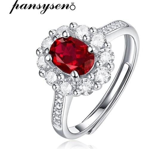 PANSYSEN 100% 925 Sterling Silver Oval Cut Ruby Simulated Moissanite Gemstone Engagement Ring Wedding Bands Girls Fine Jewelry