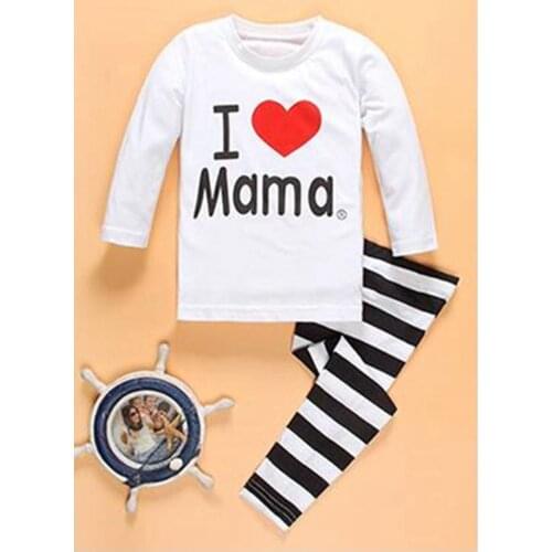 New Spring Autumn Children Pyjamas Kids Clothes Baby I Love Mama Sleepwear Suit Boys Girls T Shirt Pants Striped Pajamas P07