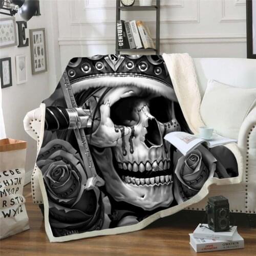 Bedding Outlet Skull Plush Blanket Sherpa Blanket Gothic Bedding Black White Mystic Bed Blanket For Boy Mantas De Cama style-008