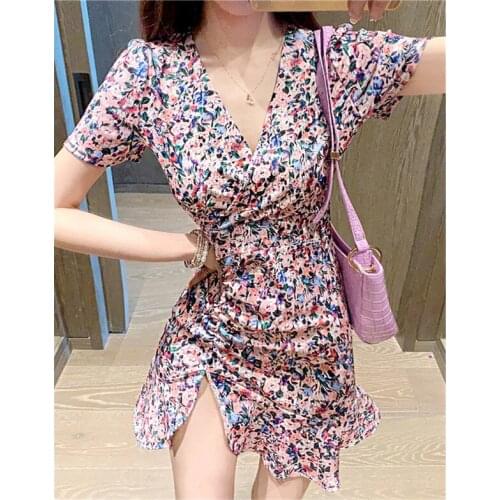 Real shot 2020 summer new floral lotus leaf V-neck waist dress fashion slim sexy ladies temperament dress