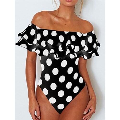 Sexy Off Shoulder One Piece Swimsuit Dots Print Swimwear Women Ruffle Monokini Plus Size S-4XL Swim Suit Open Back Bathing Suit
