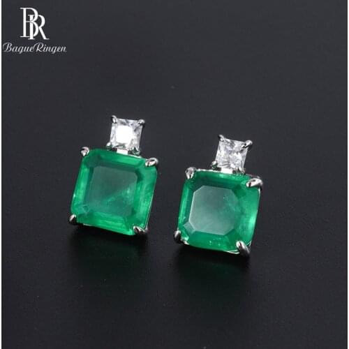Bague Ringen Simple Female Ear Studs Classic Silver 925 Jewelry Vintage Gemstones Earrings for Women 8*8mm Emerald Anniversary