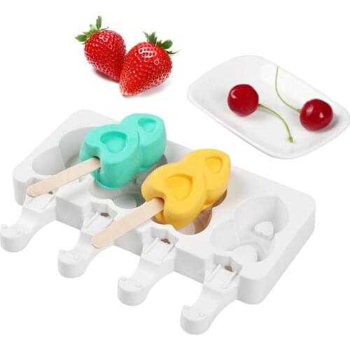 Silicone Ice Cream Mold DIY Homemade Popsicle Moulds Freezer 4 Cell 2 Heart Ice Cube Tray Popsicle Barrel Makers Baking Tools