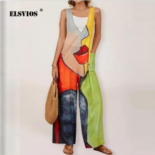 Street Hipster Multicolor Printed Sleeveless Jumpsuit Womens Big Pockets Backless Straight Trousers Summer Casual Wide Leg Pant