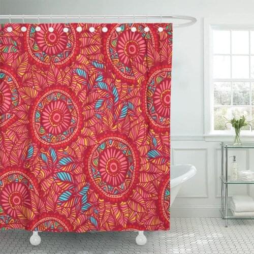 Colorful in Boho Red and Blue Colors Mandala Flower Shower Curtain Waterproof Fabric 60 x 72 Inches Set with Hooks