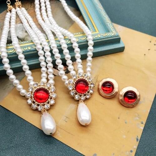 Pearl Choker Necklace Rhinestone Double Layer Teardrop Pendant For Women Girl Wedding Party Gift Cheongsam Accessories