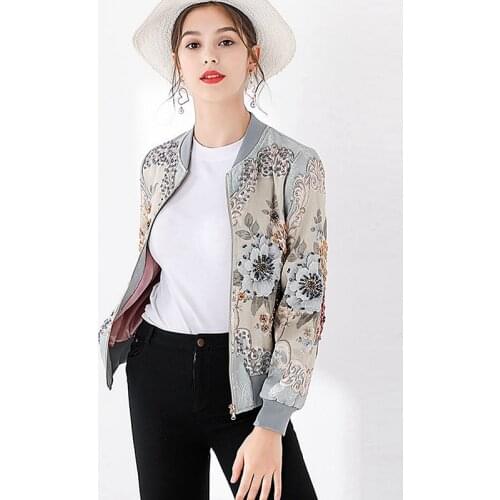 Women Embroidered Bomber Jacket Beaded Retro Jcquard Beaded Jacket Zipper Short Thin Coat Basic Jackets Casual Outerwear
