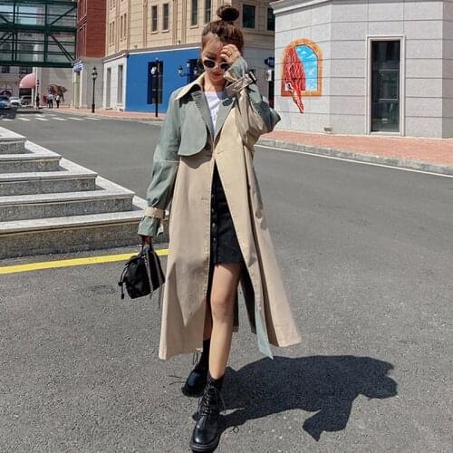Women Windbreaker Spring Autumn Long British Style Stitching Contrast Temperament Korean Trench Coat Loose Casual Ladies Cloak