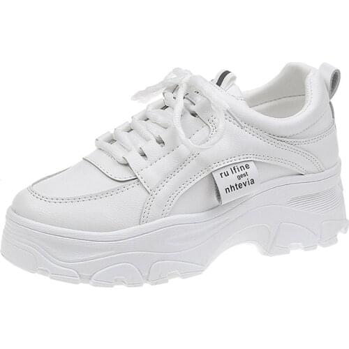 Autumn Student White PU Clunky Sneaker Shoes Women Causal Flat Platform Shallow Lace Up Shoes Ladies Non-Slip Sport Running Shoe
