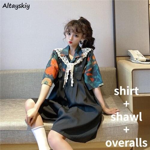 3 Piece Sets Women Outfits Aesthetic Retro French Style All-match Short Sleeve Shirt Shawl Stylish Daily Vintage Loose Overalls