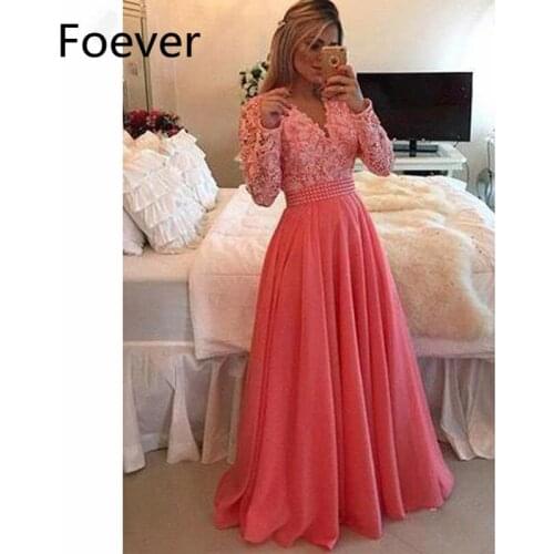 2019 Coral Long Sleeves Evening Dresses Long with Appliques Pearls V-Neck Chiffon A-Line Formal Evening Party Dress for Women