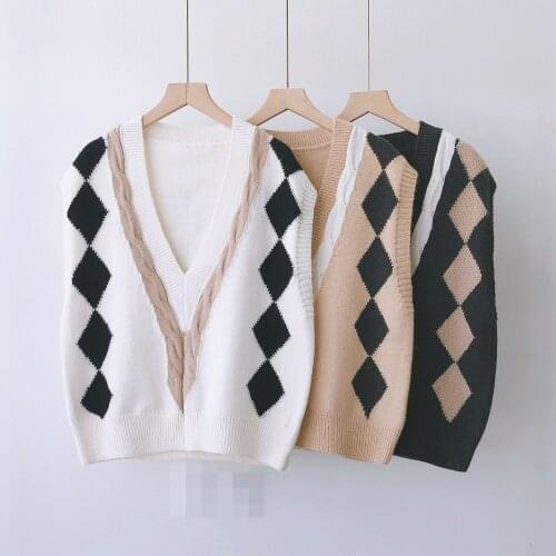 Korean Style Rhombic Pattern V Neck Vest For Women Spring Autumn Streetwear Sleeveless Sweater Ladies Chic Knitting Jumpers Top